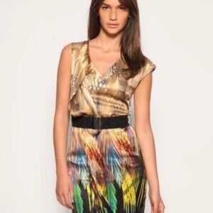Karen Millen Multicolor Feather Print Pure Silk Dress Asymmetric Cap Sleeve